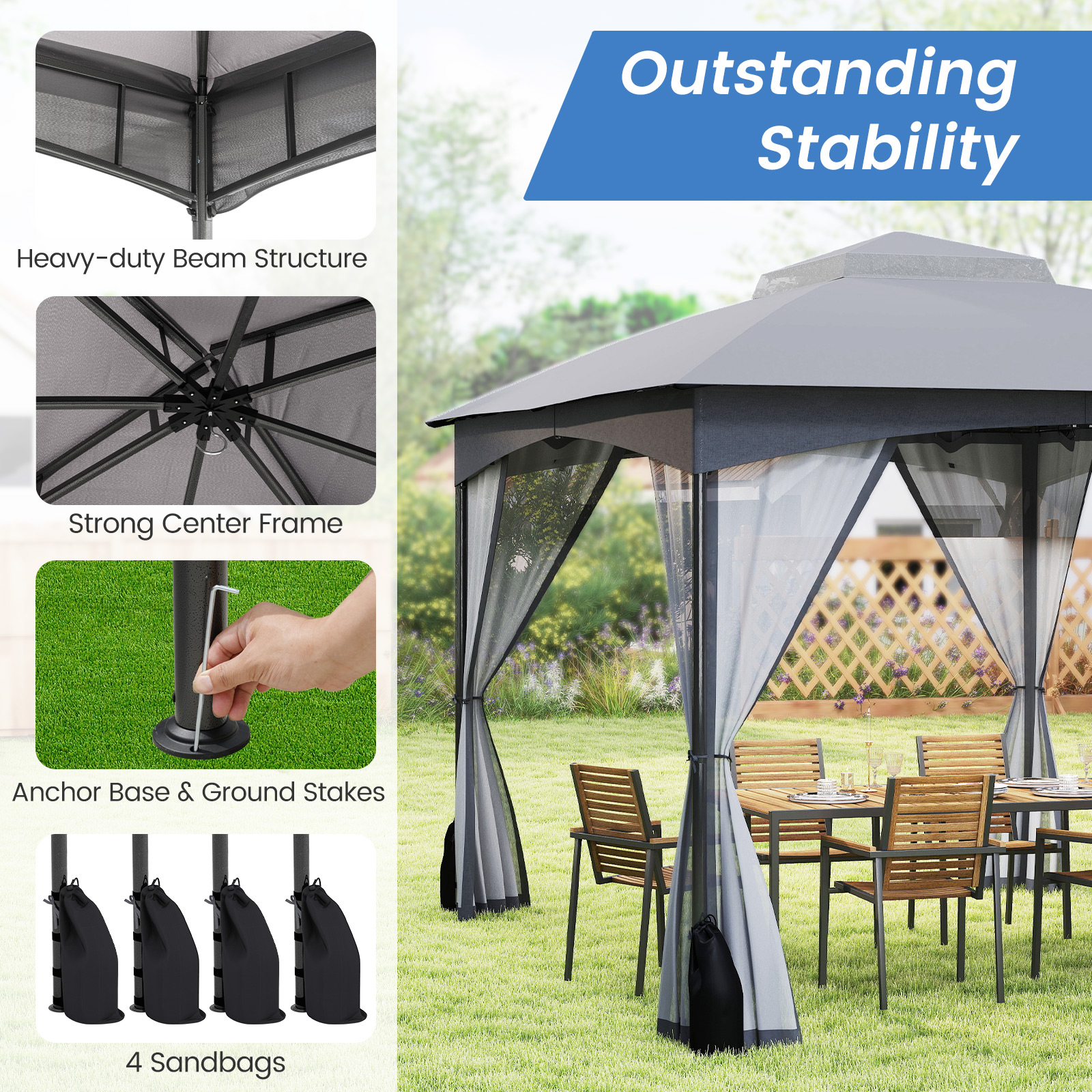Gymax 10 x 12 FT Patio Gazebo w/ Netting Walls Soft Top Double Roof Canopy w/ 4 Sandbags