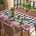 thumbnail image 3 of Spring Pink Roses Table Cloths for 6 Foot Rectangle Tables, Pastoral Eucalyptus Black White Plaid Patio Waterproof Elastic Fitted Tablecloths, Washable Rectangular Table Cover for Camping, 3 of 8