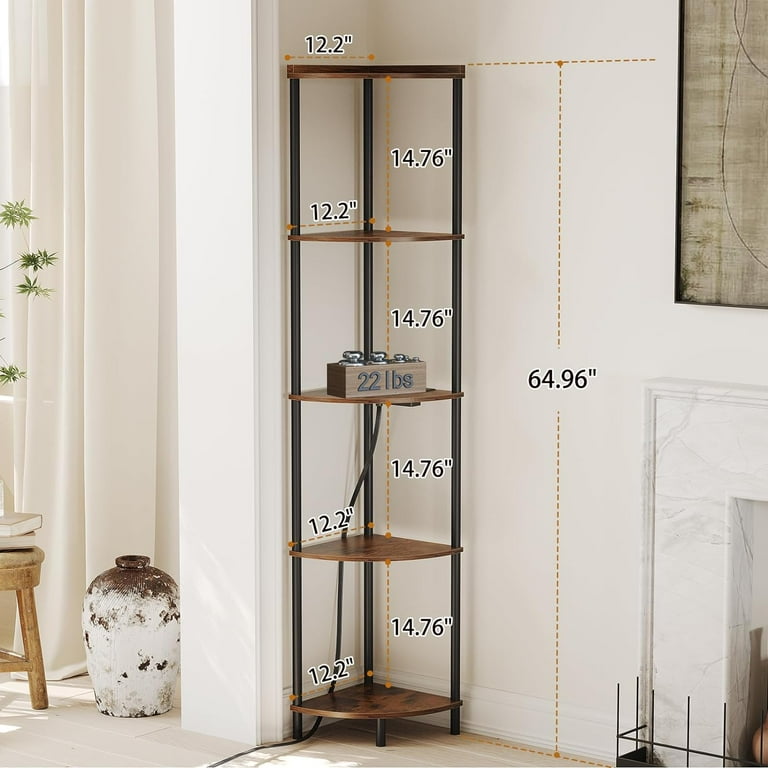 SUNMORY 5 Tier 65 in Wood and Metal Walnut Corner Bookcase with 2 USD Ports and 2 Power Outlets