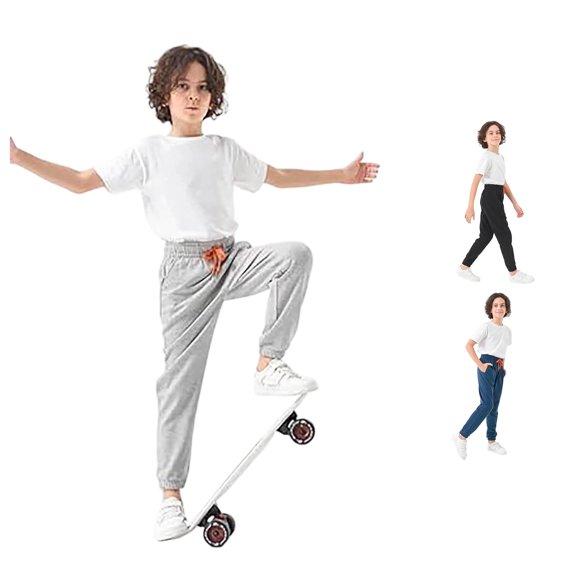 Ticikt Kids Jogger Pants, Elastic Waist Drawstring Jogger Trousers, Casual Elastic Long Pants with Side Pockets for Boys Girls,Grey