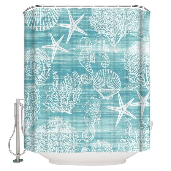Turquoise Coastal Bathroom Shower Curtains with 12 Hooks Waterproof Shower Curtain for Stalls and Bathtubs Nautical Coral Starfish Shell Seahorse Ocean Decorative Bathroom Curtain 54x78 Inches