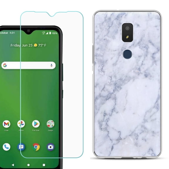 Slim-Fit TPU Fashion Phone Case for Cricket Icon 3, with Tempered Glass Screen Protector, by OneToughShield ® - Marble / Clouds