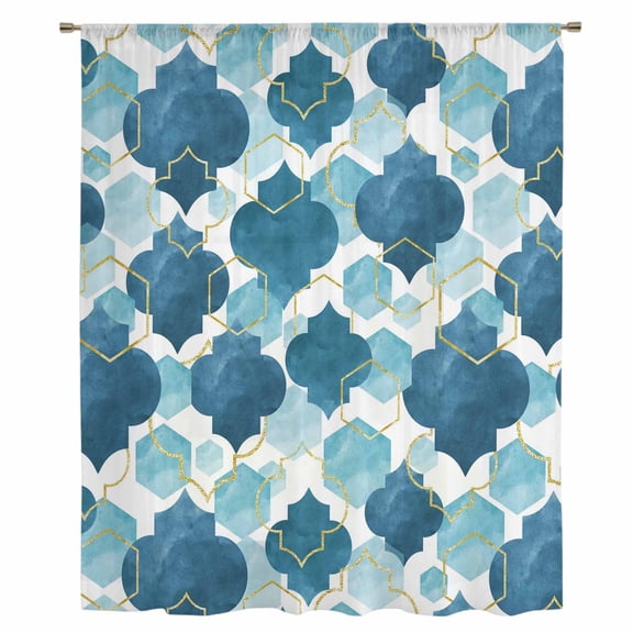 Blue Geometric Moroccan Sheer Curtains 96" Long, Abstract Art Blue Ombre Modern Light Filering Curtains, Privacy Drapes Simi Floor to Veiling Curtain for Living Room Bedroom Large Window Treatment