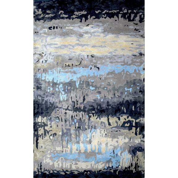 5x8 Abstract Black and Blue Area Rug | Handmade with Wool and Viscose | TRD633958