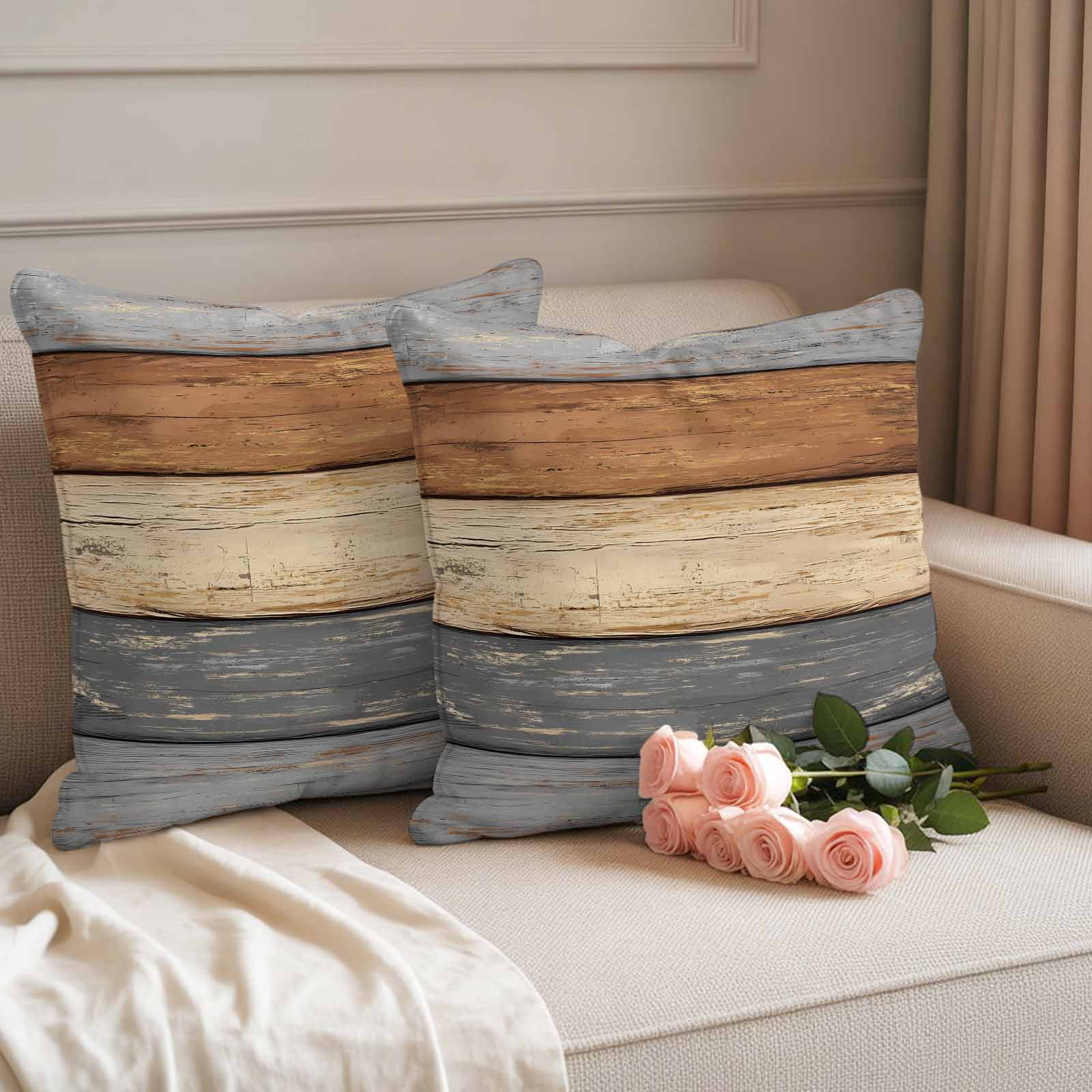 Outdoor Waterproof Throw Pillow Covers Set of 2 Gray Wood Grain Decorative Pillowcases Square Outdoor Pillows Cushion Case 18x18 Inch Rustic Retro Brown Wooden Patio Pillows for Couch Sofa Bed