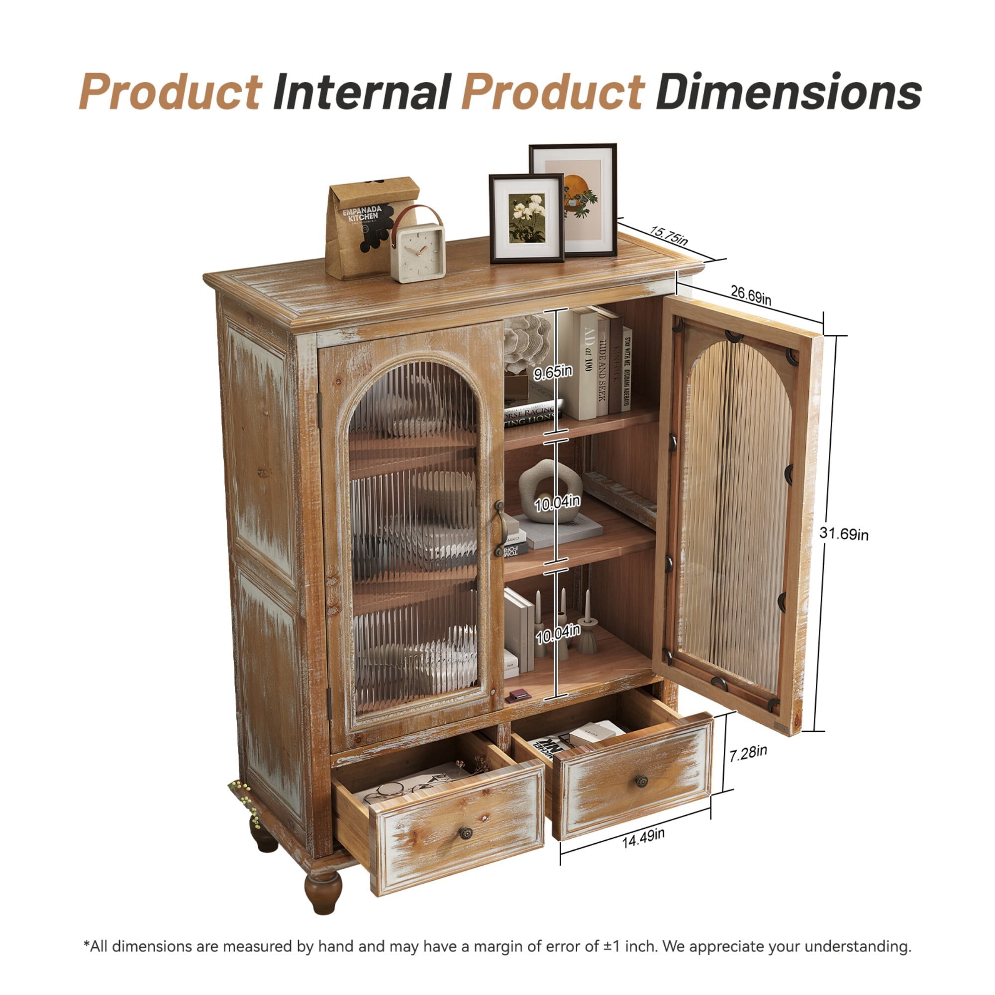 AENKYO 48" Farmhouse Storage Cabinet, Wood Kitchen Pantry with Arched Fluted Glass Doors & 2 Drawers, Natural