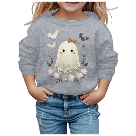 Gunia Kids Boys Girls Halloween Ghost Sweatshirt Long Sleeve Soft Sweatshirt Graphic Cute Round Neck Pullovers Top Clothes Fall Grey 5-6 Years