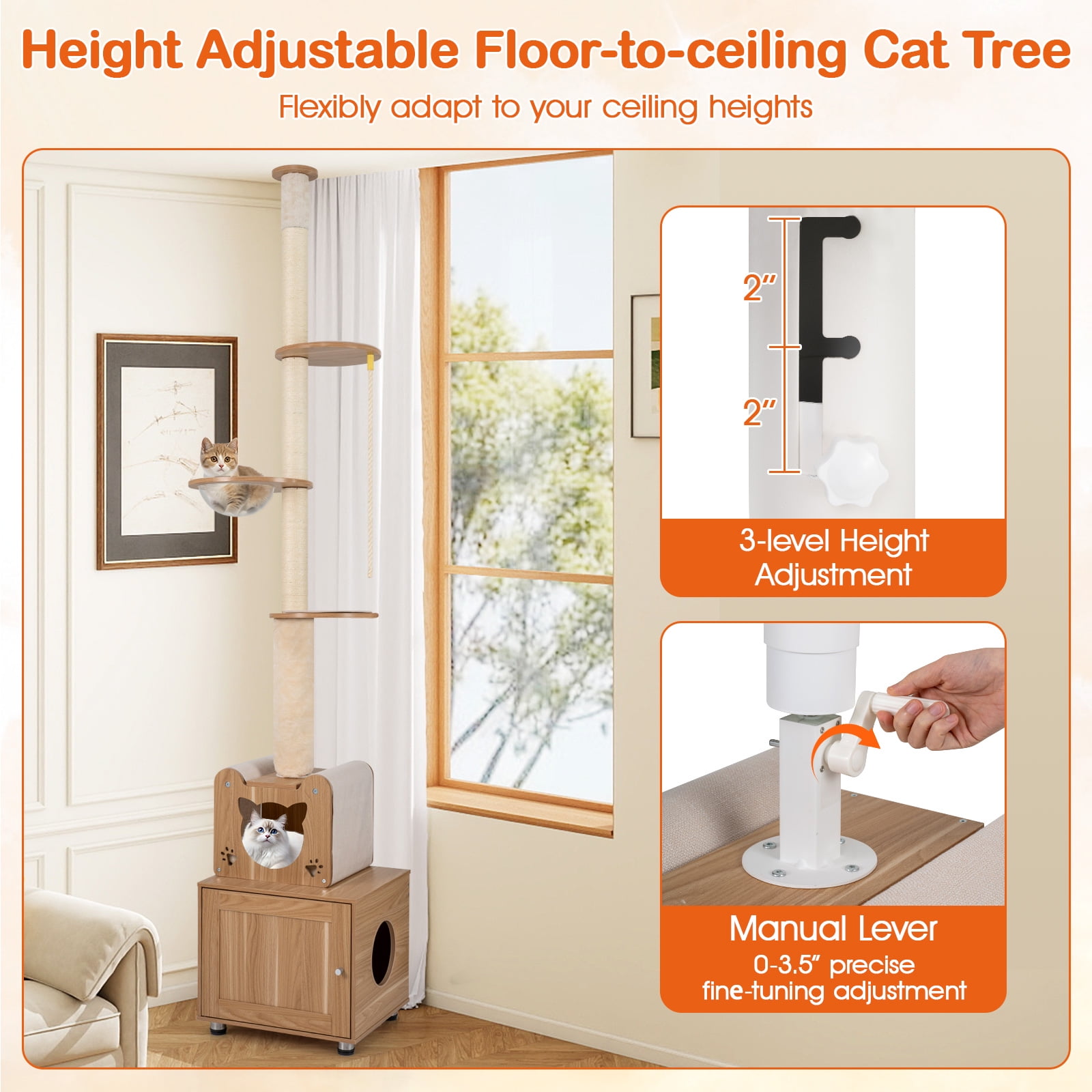 Gymax Floor to Ceiling Cat Tree for Indoor Cats 101''-108.5'' Height Adjustable Tall Cat Tower