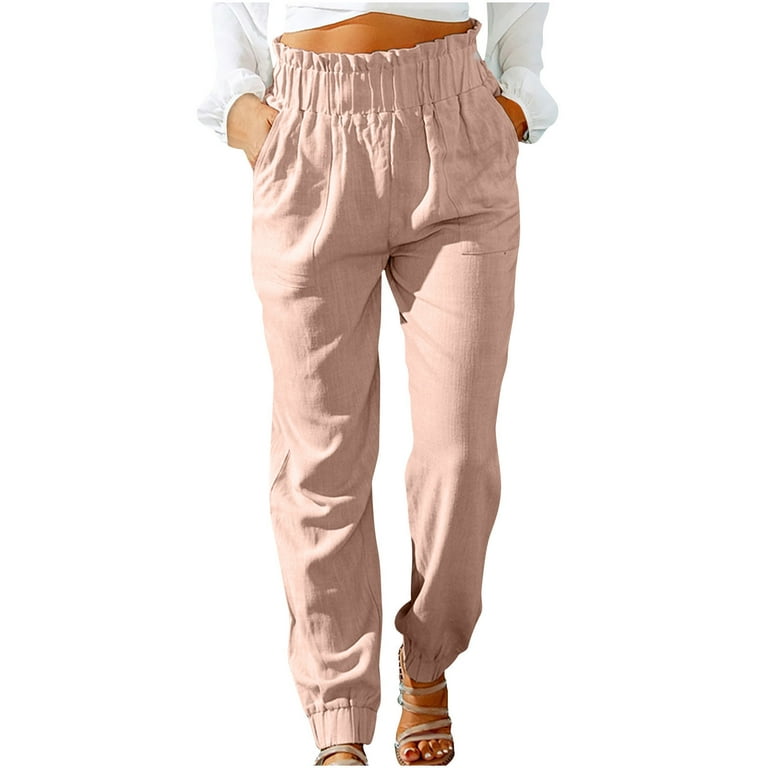 RQYYD Reduced Plus Size Cotton Linen Pants for Women Solid High Waist Loose  Lounge Trousers Wide Leg Smocked Pants with Pockets(Pink,XXL)