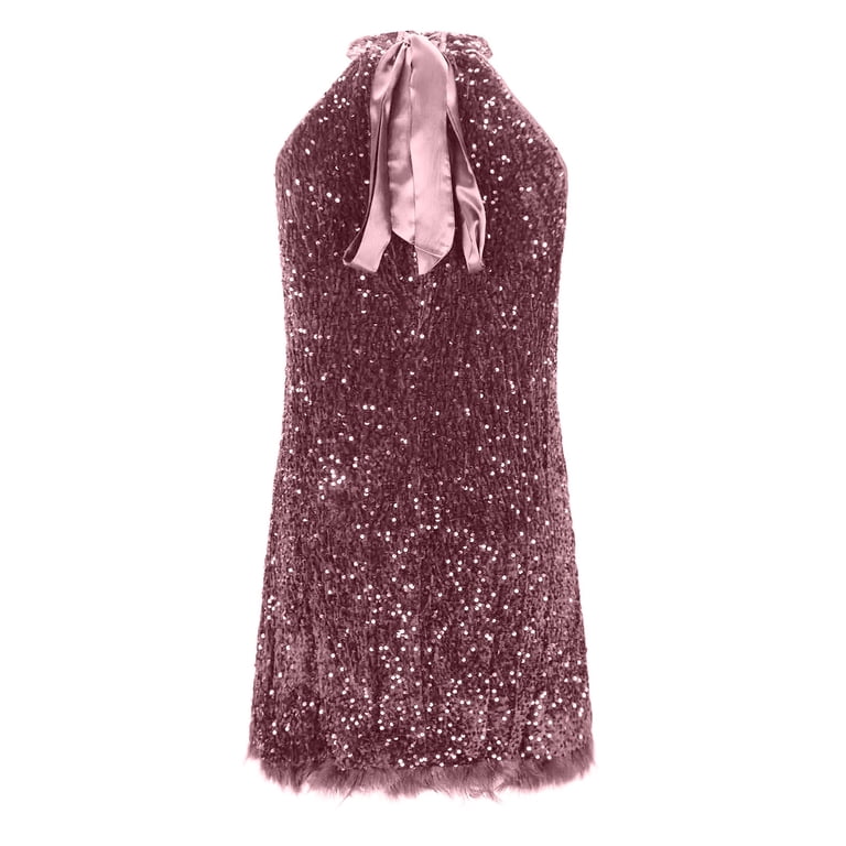 VEKDONE Womens Glitter Sequin Dress Halter Neck Cocktail Party Dresses  Sleeveless Sparkly Mini Dress with Fur Trim Loose Fit Tank Dresses Pink M -  Walmart.com