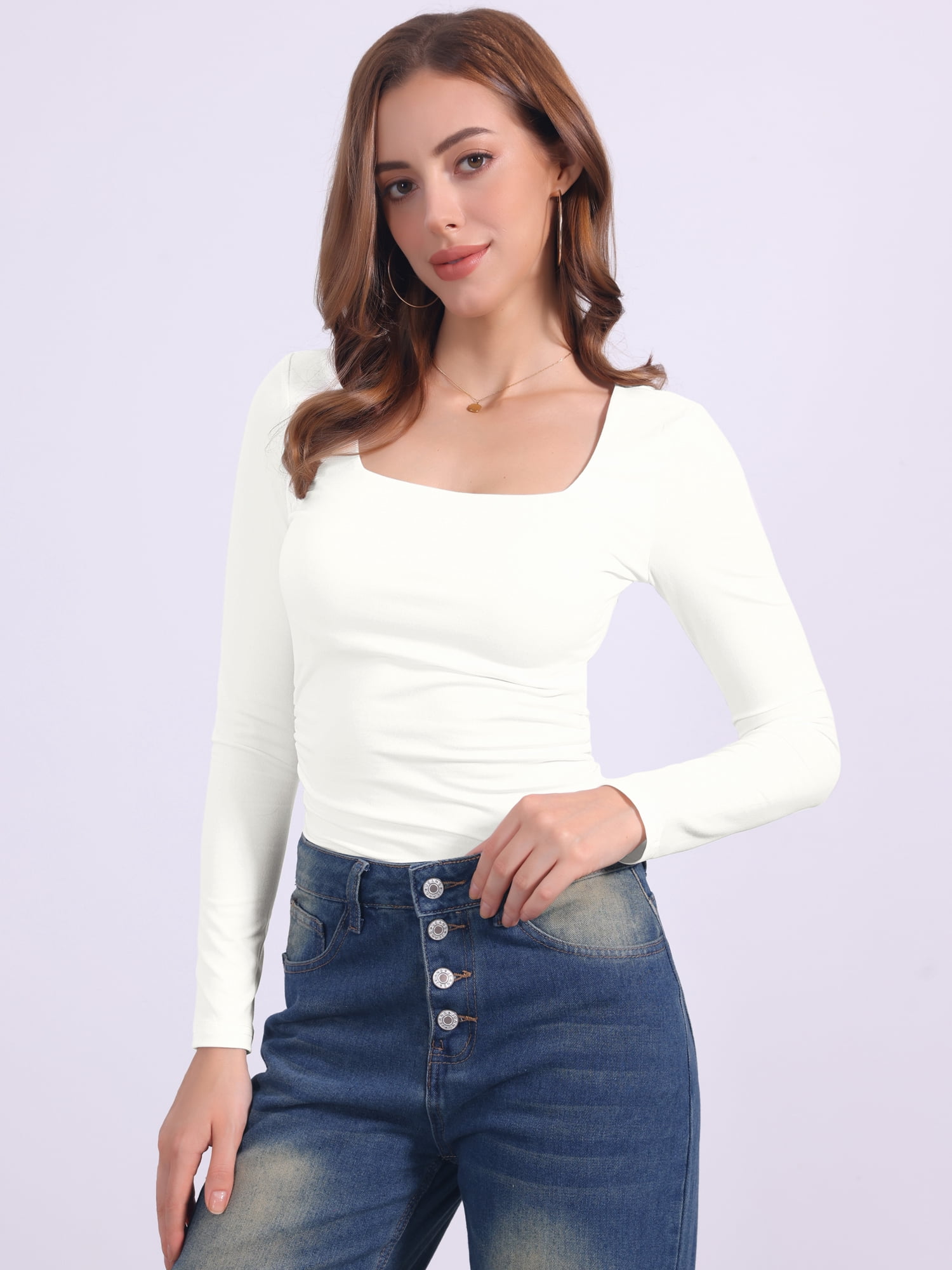 DARING DIVA Women's Square Neck Long Sleeve Shirred Fitted Stretch Blouses S White