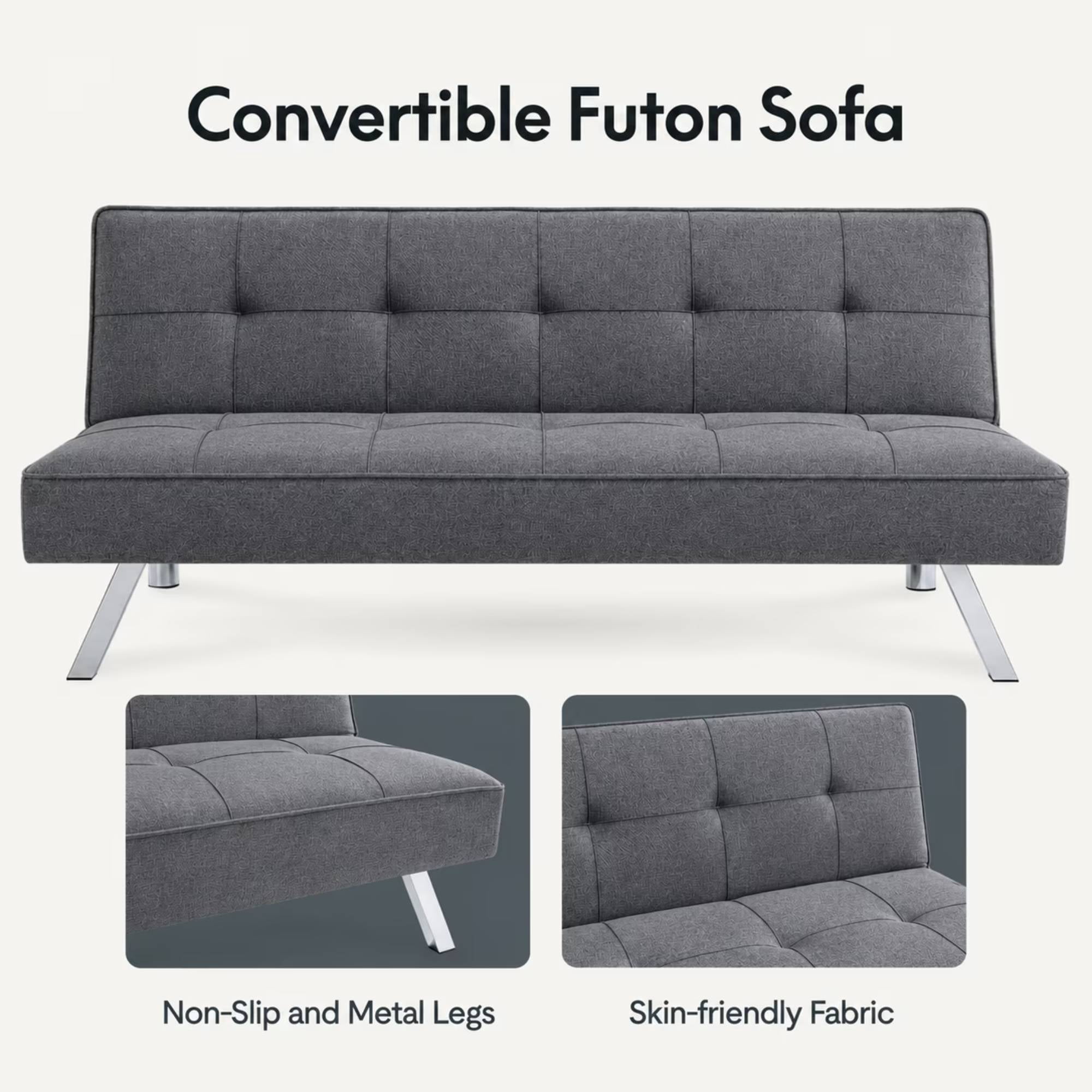 66" Futon Sofa Bed, 3-in-1 Convertible Sleeper Couch Bed for Small Spaces, Tufted Back Loveseat for Living Room, Grey