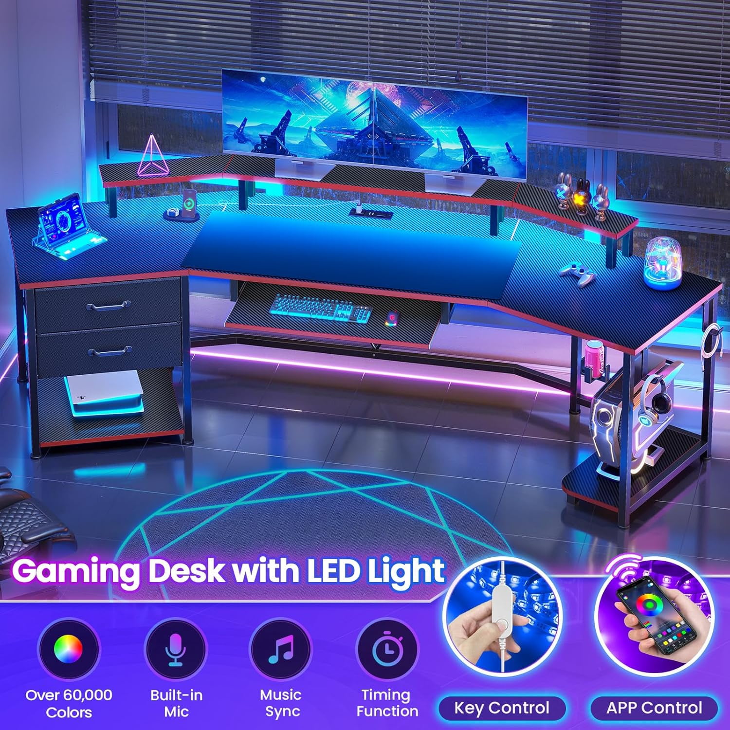 SEDETA 79" Gaming Desk with LED Lights and Power Outlets, U Shaped Desk with Monitor Stand and Drawers, Gaming Table with Keyboard Tray, Cup Holder and CPU Stand for Bedroom, Carbon Fiber Black & Red