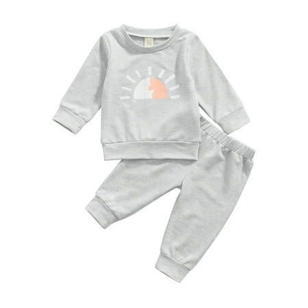 

IZhansean 2Pcs Newborn Baby Girls Boys Fall Outfits Cartoon Sun Print Long Sleeve Pullover Tops +Pants Set Gray 6-12 Months