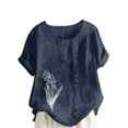 thumbnail image 3 of XPMWRP Women's Linen Shirts Dressy Floral Print Short Sleeve Gauze Tunic Tops Casual Summer Blouses Beach Vacation Outfits Navy L, 3 of 6