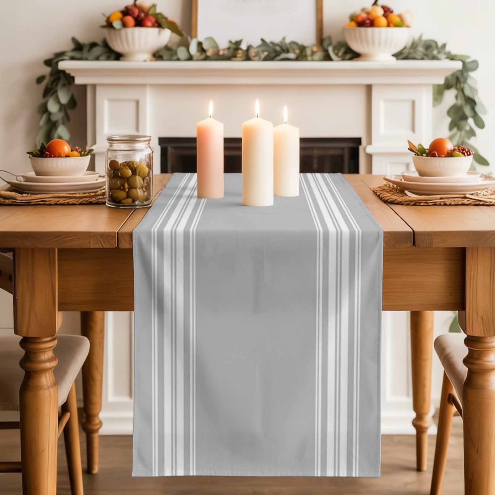 Grey Striped Table Runner, Luxurious White Stripes Modern Abstract Art Washable Cotton Linen Table Runners 90 Inches Long, Dresser Scarf Runner for Dining/Coffee/Kitchen/Hallway Tables 13''x90''