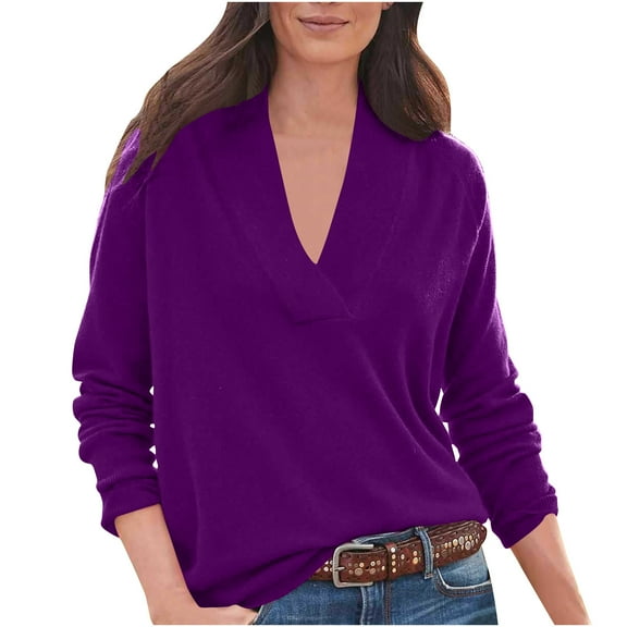 HAiming Womens V Neck Shirts Trendy Solid Long Sleeve Dressy Pullover Tunic Tops 2025 Plus Size Casual Loose Blouses