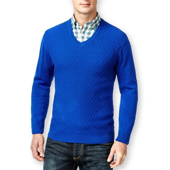 Club Room Mens Diamond-Knit V Neck Pullover Sweater, Blue, XXX-Large