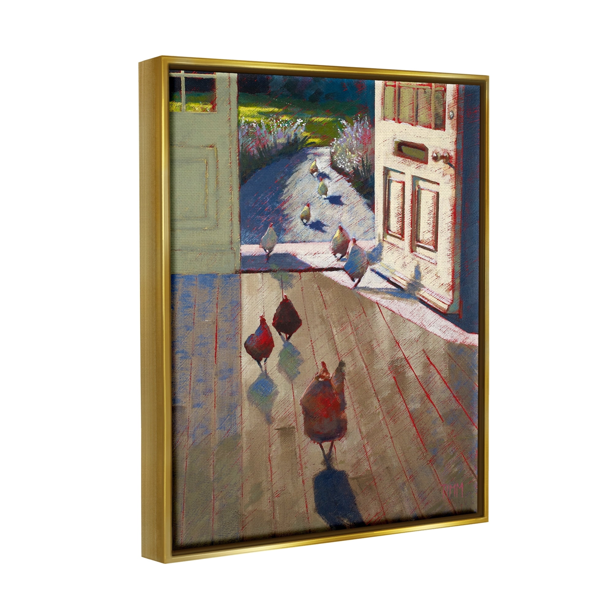 Stupell Industries Chickens Strolling Through Farmhouse Doorway Contemporary Strokes Painting Metallic Gold Floating Framed Canvas Print Wall Art, Design by Lisa Timmerman