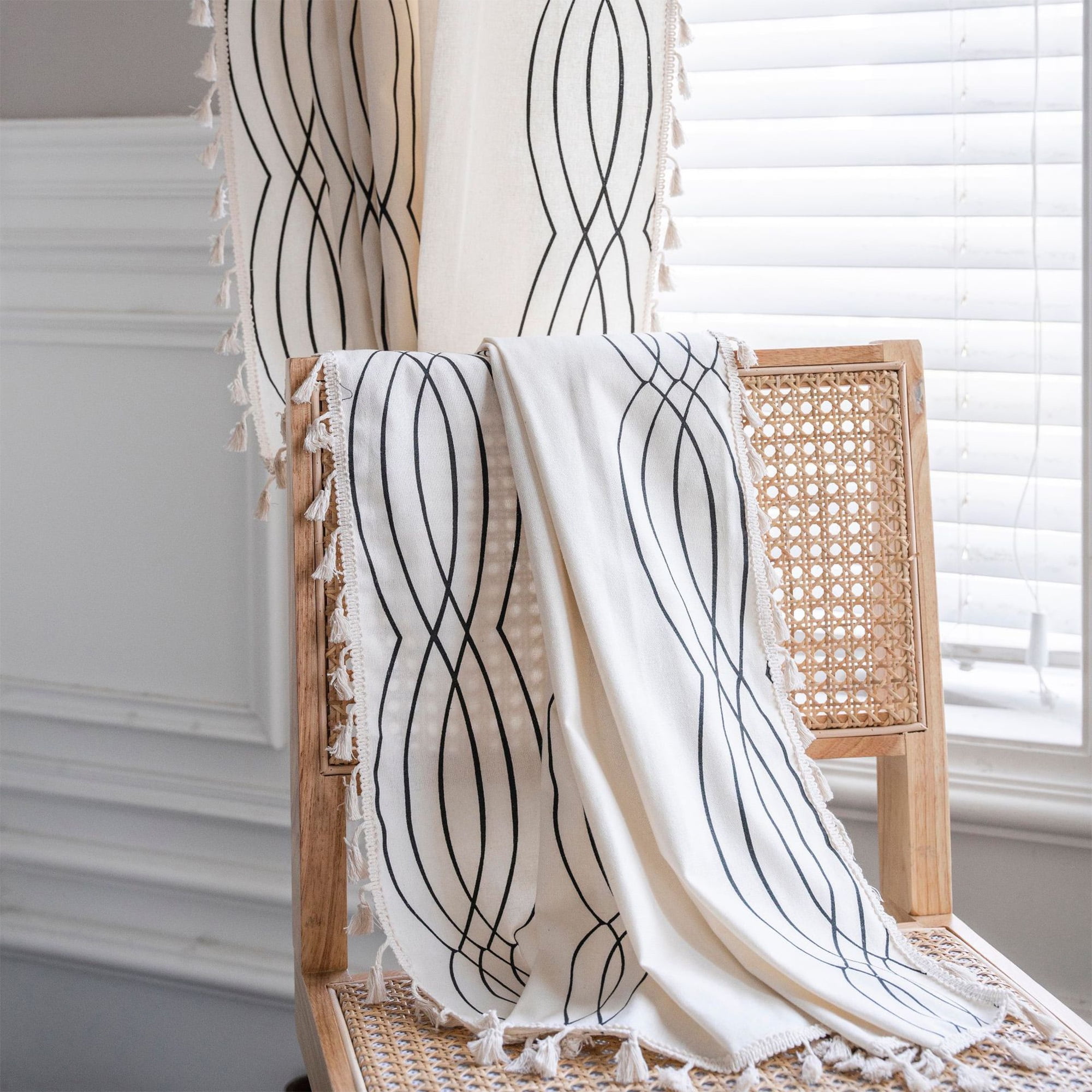 Turkio Cotton Linen Curtains with Geometric Black Stripes and Tassel Design,84 Inches Long,1 Panel