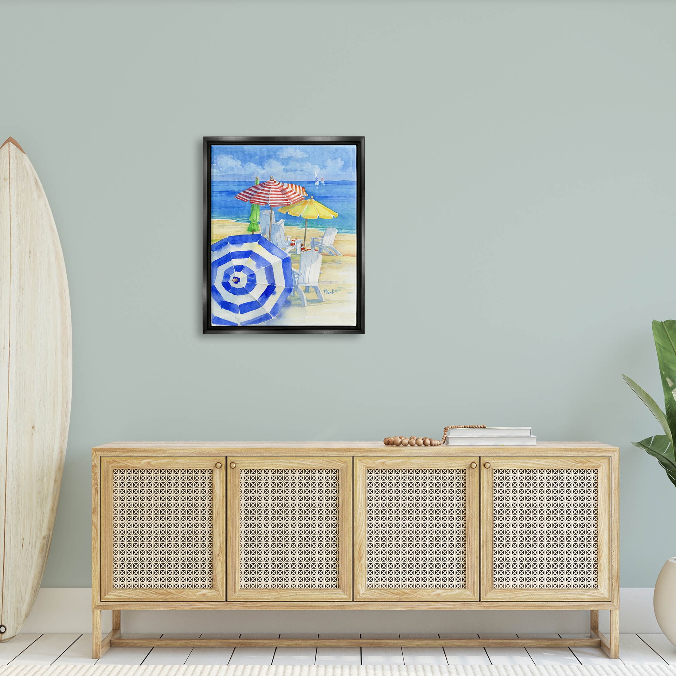 Stupell Industries Summer Beach Coast Ocean Waves Painting Jet Black Floating Framed Canvas Print Wall Art, Design by Paul Brent