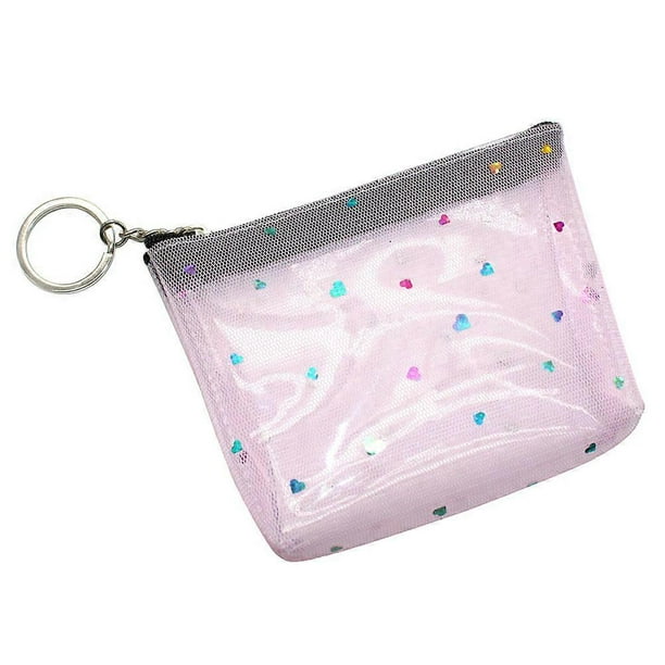 PVC Heart Pattern Coin Bag Fashion Translucent Net Change Purse Creative Money Bag Pocket Purse with Zipper (Pink)