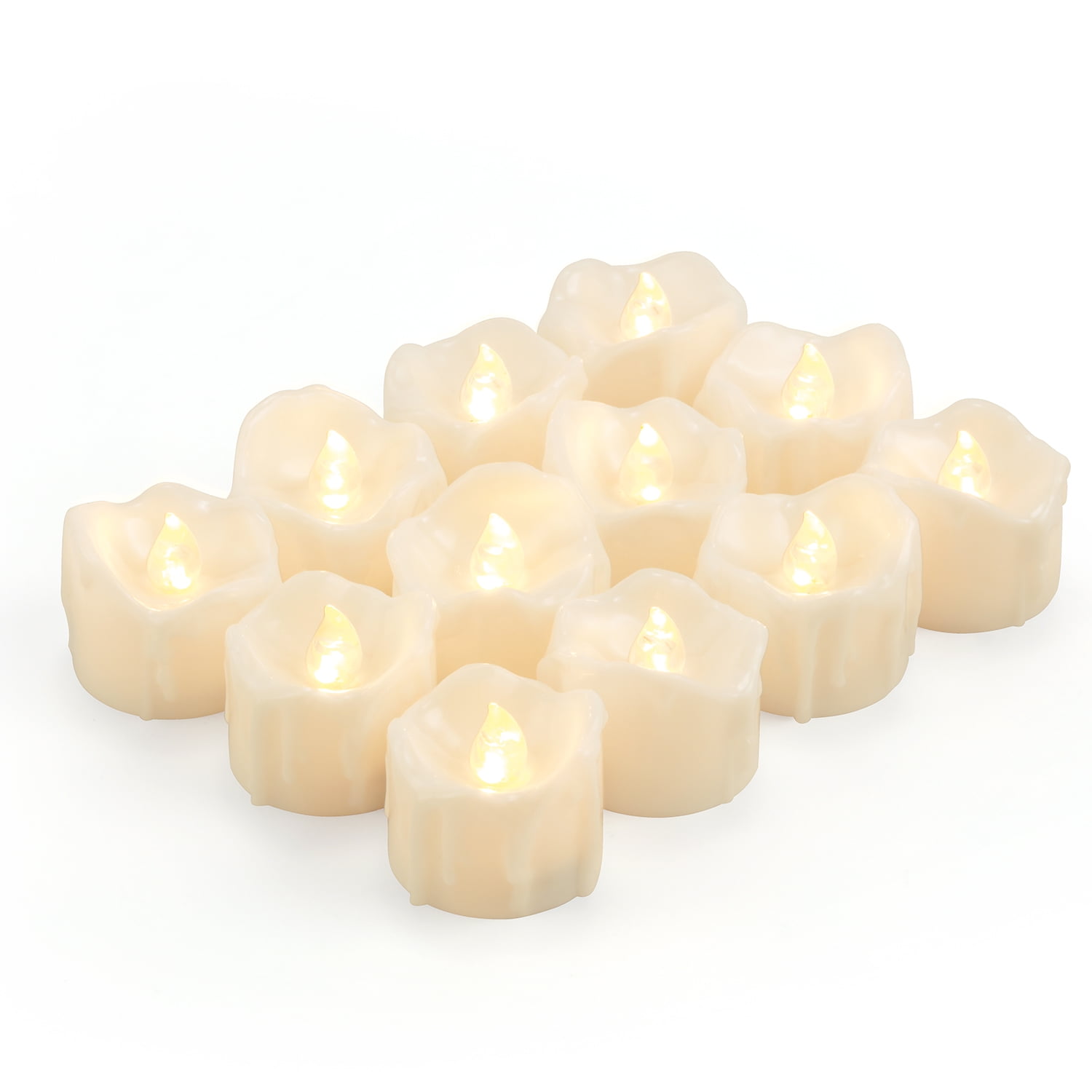 12PCS Flickering Flameless Candles Battery Operated Led Tea Lights Warm White Warm White Light Wax Dripped Tealights for Halloween Christmas Window Indoor Decorations