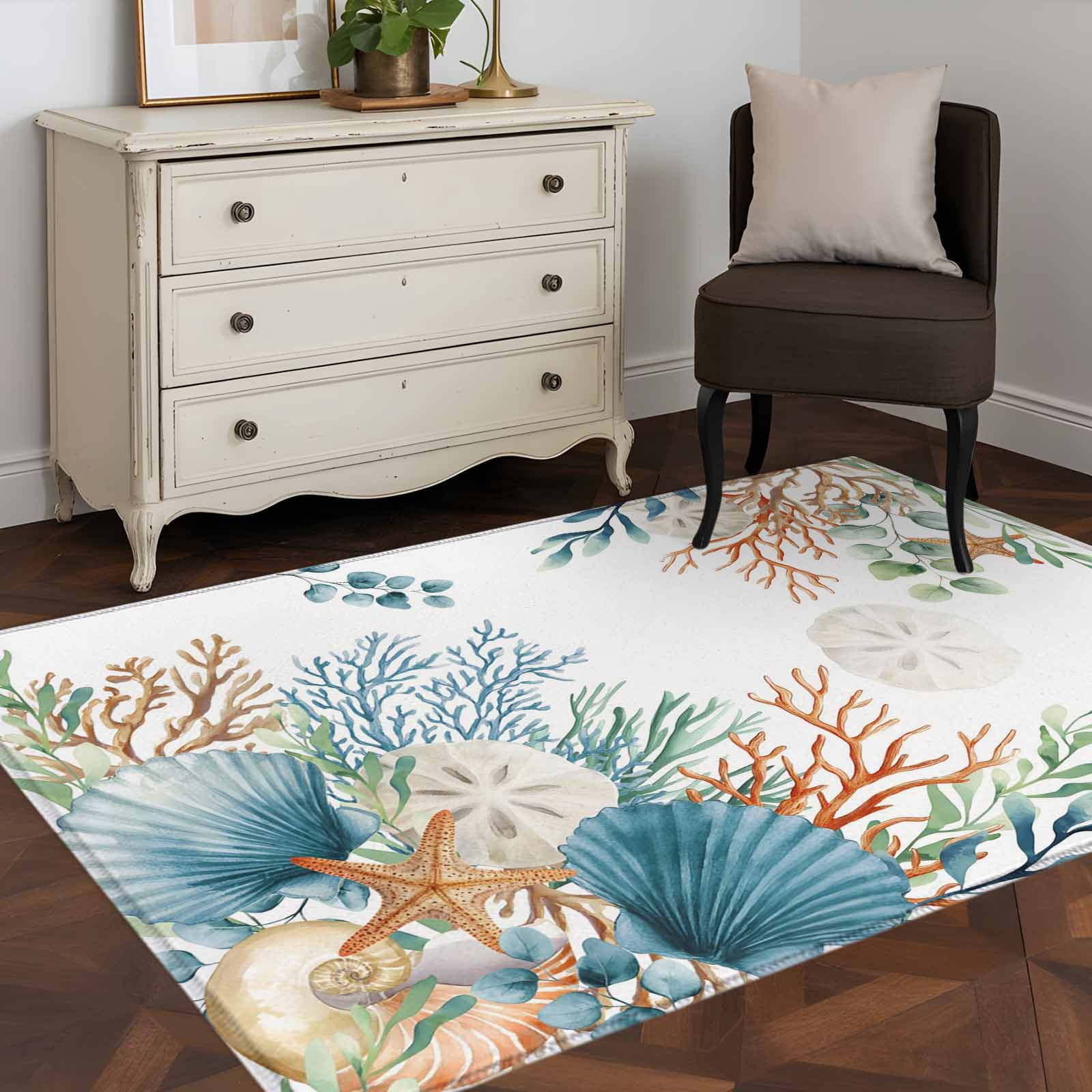 Rectangle Area Rugs 4 x 6 Ft, Beach Coastal Non-Slip Residential Carpet, Summer Nautical Coral Shell Botanical Indoor Crawling Mats Runner Rugs for Living Room/Dining Room/Bedroom