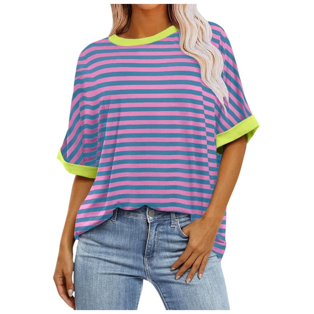 YDLCAFD T-Shirt d'Été Décontracté pour Femmes, Col Rond, Ample, à Rayures, Dégradé, Manches Courtes
