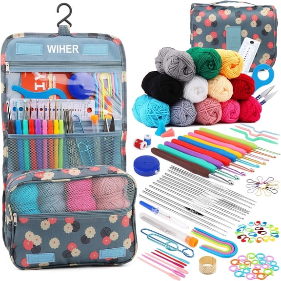 Wiher Complete Crochet Kit for Beginners,130 Pcs Crochet Kit Including Crochet Yarn, Ergonomic Crochet Hooks, and Crochet Accessories in Hangable Storage Bag