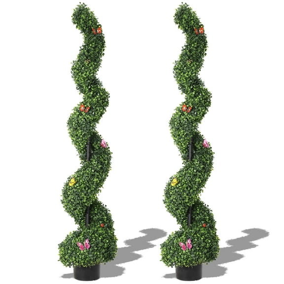 Studyset 5 FT Artificial Boxwood Spiral Topiary Trees,2 Pcs Outdoor Faux Plants with Insect Decoration,Spiral Faux Topiary Trees,Evergreen Artificial Plants Outdoor for Decorative,Indoor,Porch,Garden