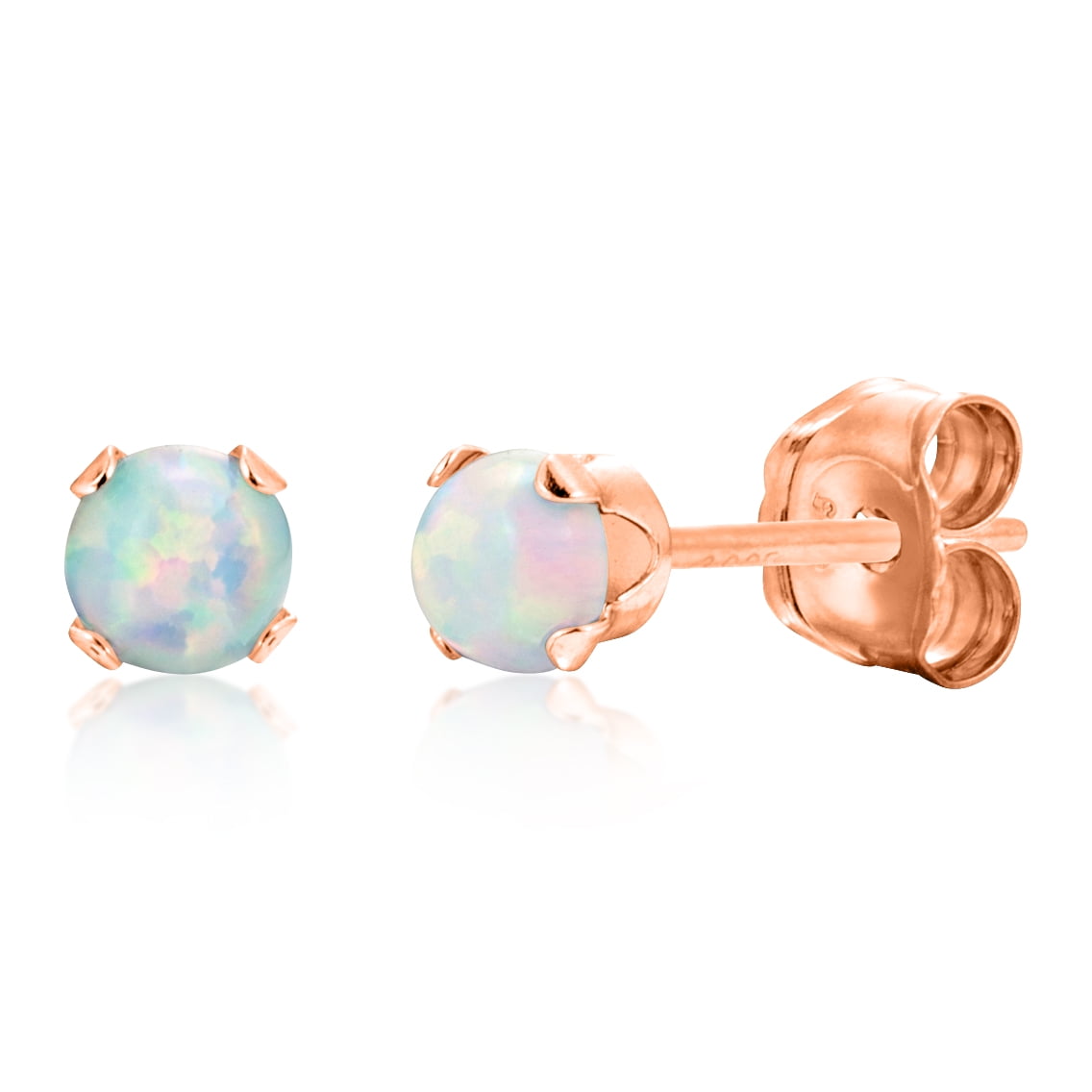 Round 3mm Fire &amp; Snow White Simulated Opal Stud Earrings - Rose Gold Over Sterling Silver .925