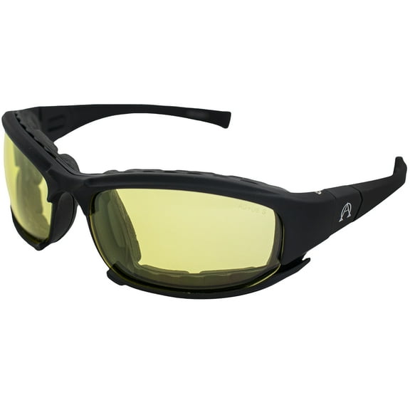 Alpha Omega AO3 Motorcycle Sunglasses Foam Padded Riding Safety Glasses Z87.1 Convertible to Goggles for Men or Women Black Frame Yellow Lenses