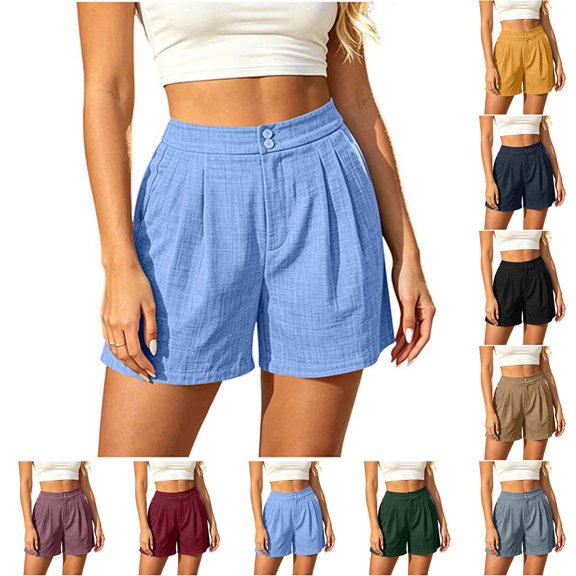 DYTTDG Women's High Waisted Pleated Shorts | Casual Elastic Waist Button & Zipper Closure with Side Pockets, Loose Fit Summer Shorts