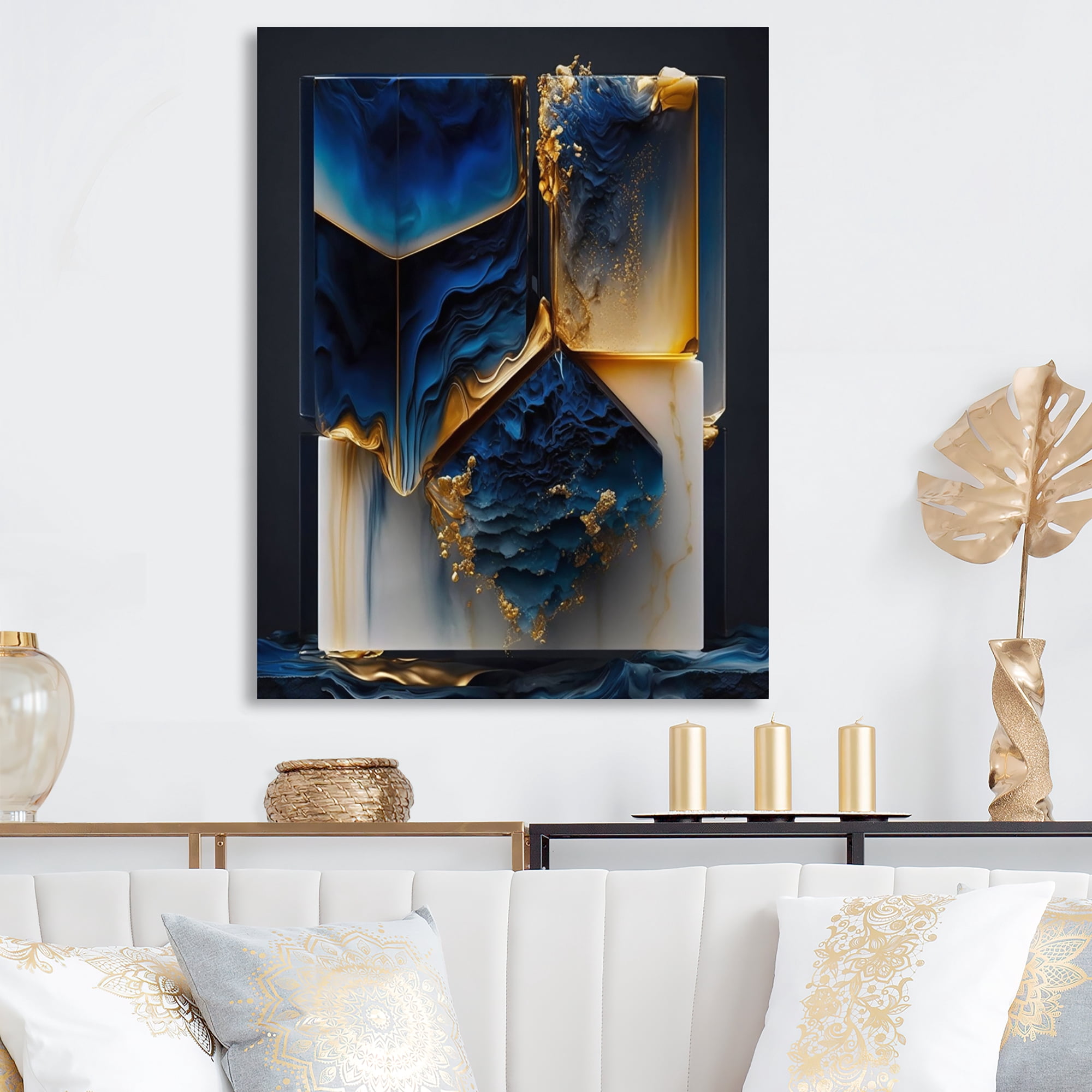 Designart Abstract Geode Gold And Blue Marble Shape II Canvas Wall Art