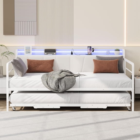 Daybed with Trundle and LED Light, Sturdy Metal Twin Size Bed Frame with Linen Upholstered Headboard and Charging Station, for Living Room, Bedroom and Guest Room, White