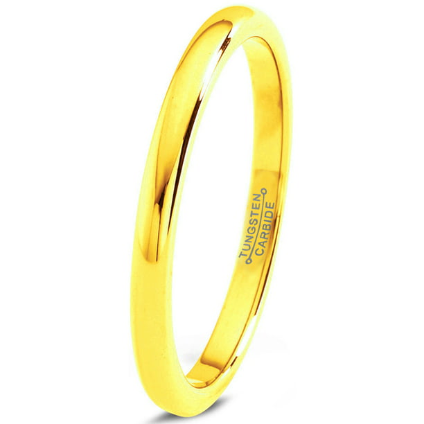 Tungsten Wedding Band Ring 2mm for Men Women Comfort Fit 18K Yellow Gold Plated Dome Round Polished Lifetime Guarantee