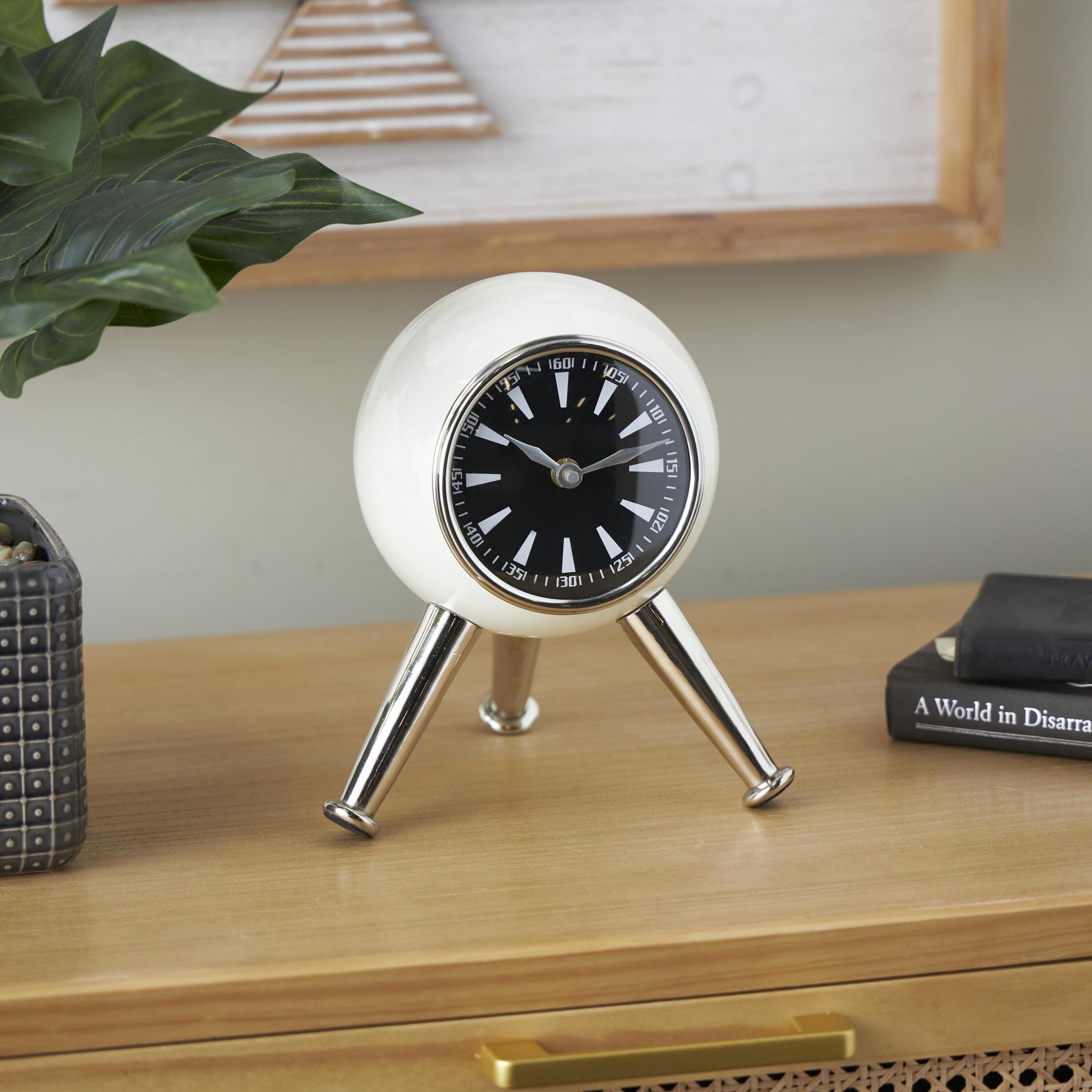 DecMode 9" Silver Aluminum Metal Orb Clock with Black Clockface and Silver Tripod Legs