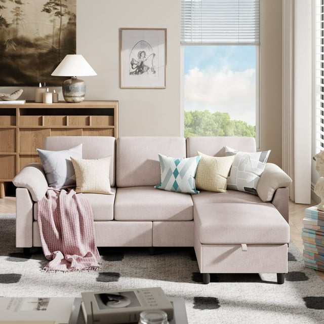 Sobaniilo Canapé Sectionnel de 79,1 Pouces avec Ottomane de Rangement Mobile, Canapé Convertible en L pour Petit Salon, Beige