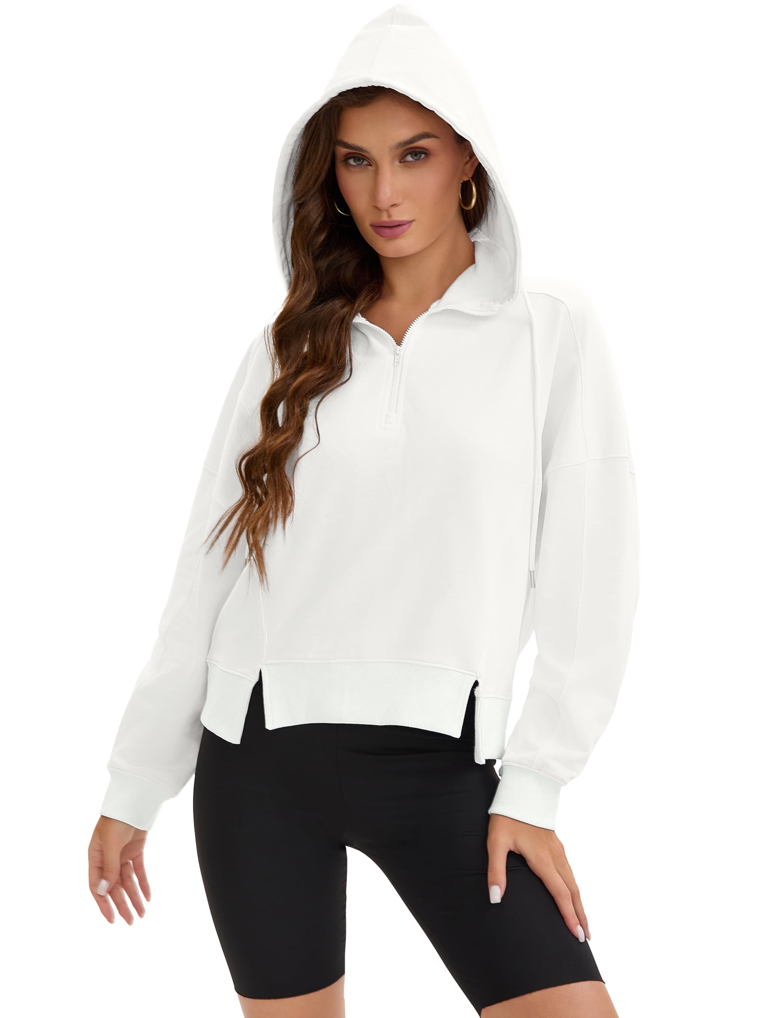 DARING DIVA Women's Stylish Cropped Half Zip Hoodie with Trendy Side Slits L White