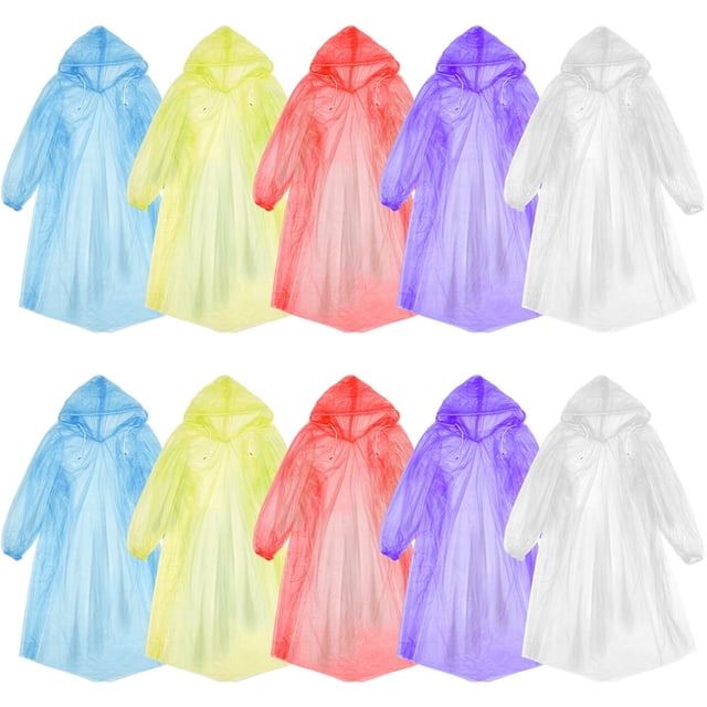 10 Pcs Ponchos Portables Imperméables pour Adultes Colorés Jetables Légers avec Capuches pour Cyclisme Randonnée Voyage Camping Extérieur
