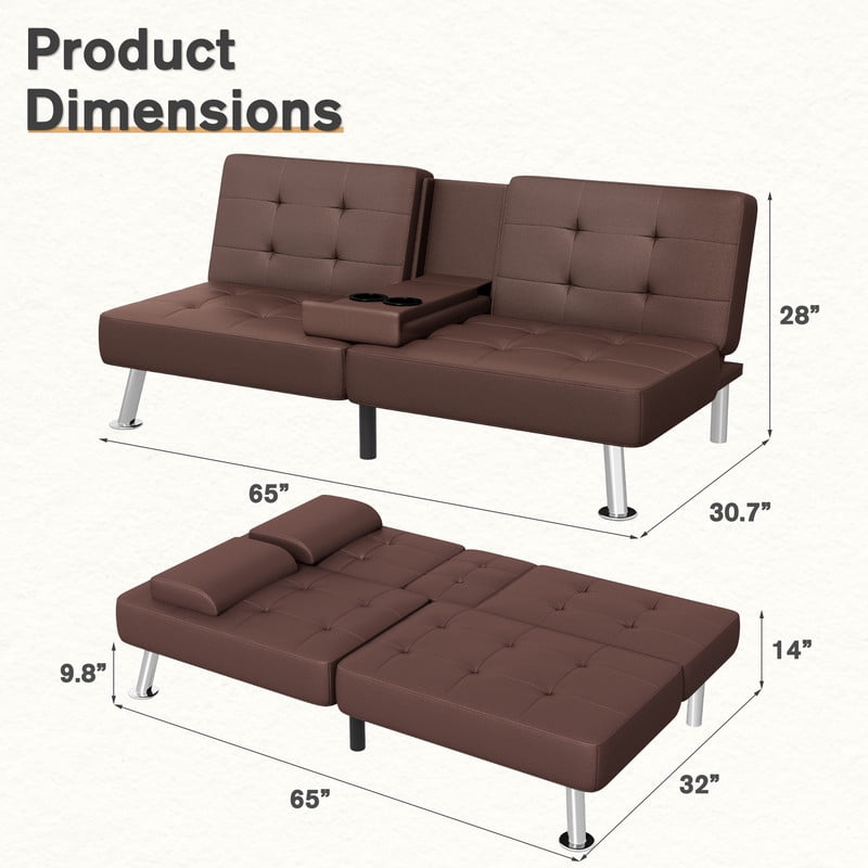 Lacoo Linen Futon Sofa Bed Modern Convertible Sleeper Couch with Removable Armrests & Cup Holders for Living Room,Small Spaces,PU Leather Brown