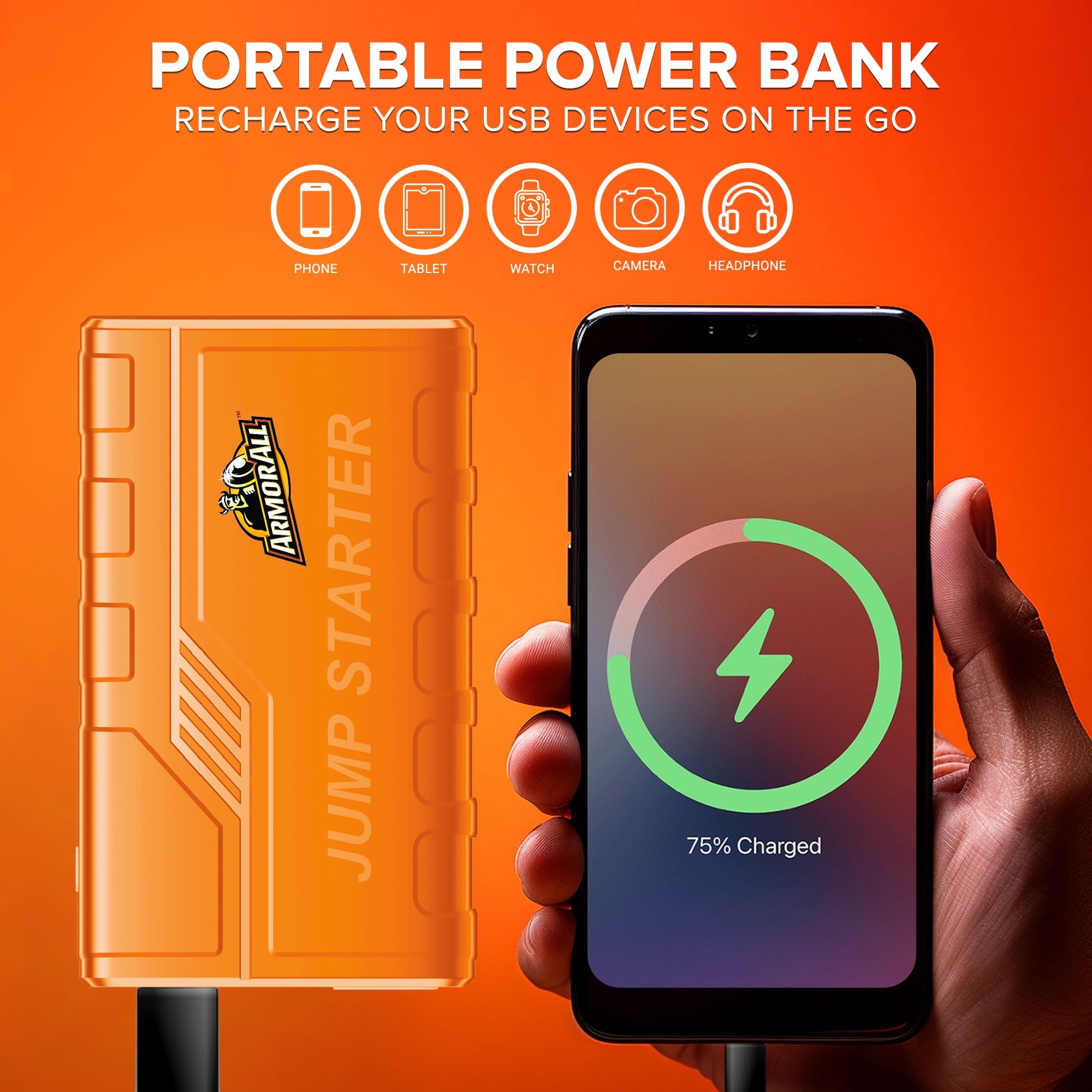 Armor All Emergency Jump Starter Power Bank Kit, 800A Peak Amps, Ultra-Bright LED Flashlight, USB Charger, Portable Car Battery Booster with Premium Carry Case
