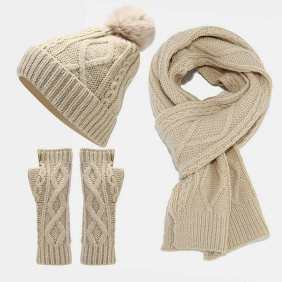 Dyfzdhu Scarf Gloves Hat Set For Teen Girls Women&Men Fall Winter Warm Wool Hat Scarf Gloves Three Pieces Beige