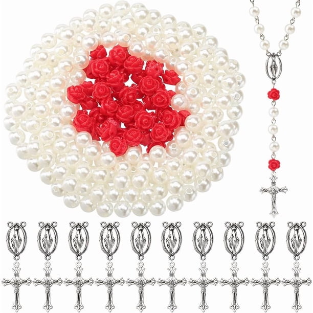 Kit para hacer rosarios de 480 piezas con dijes de crucifijo, colgantes de crucifijo, dijes de Pascua, cuentas de flor de rosa roja, cuentas de perlas de imitación.