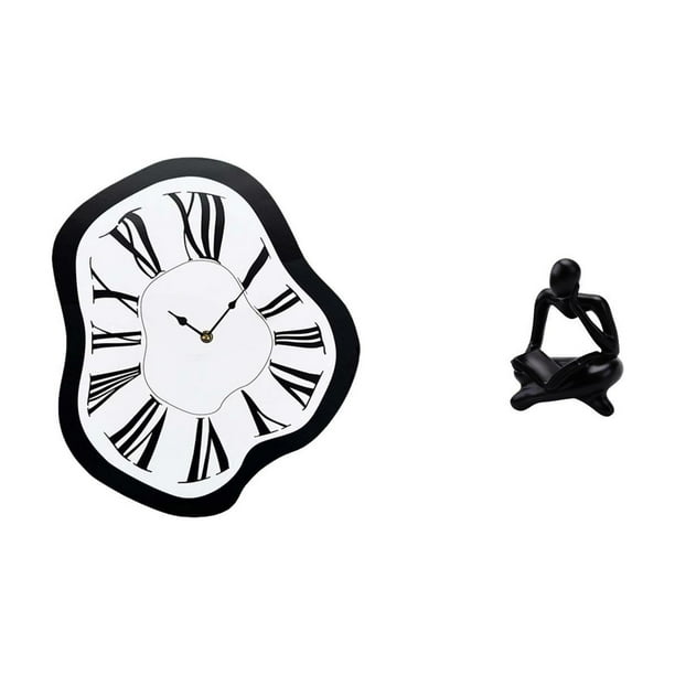 Reloj de pared,Reloj de pared interior nórdico con números romanos,Relojes distorsionados Reloj electrónico de lujo moderno,Figura de lector abstracto,Estatua de pensador