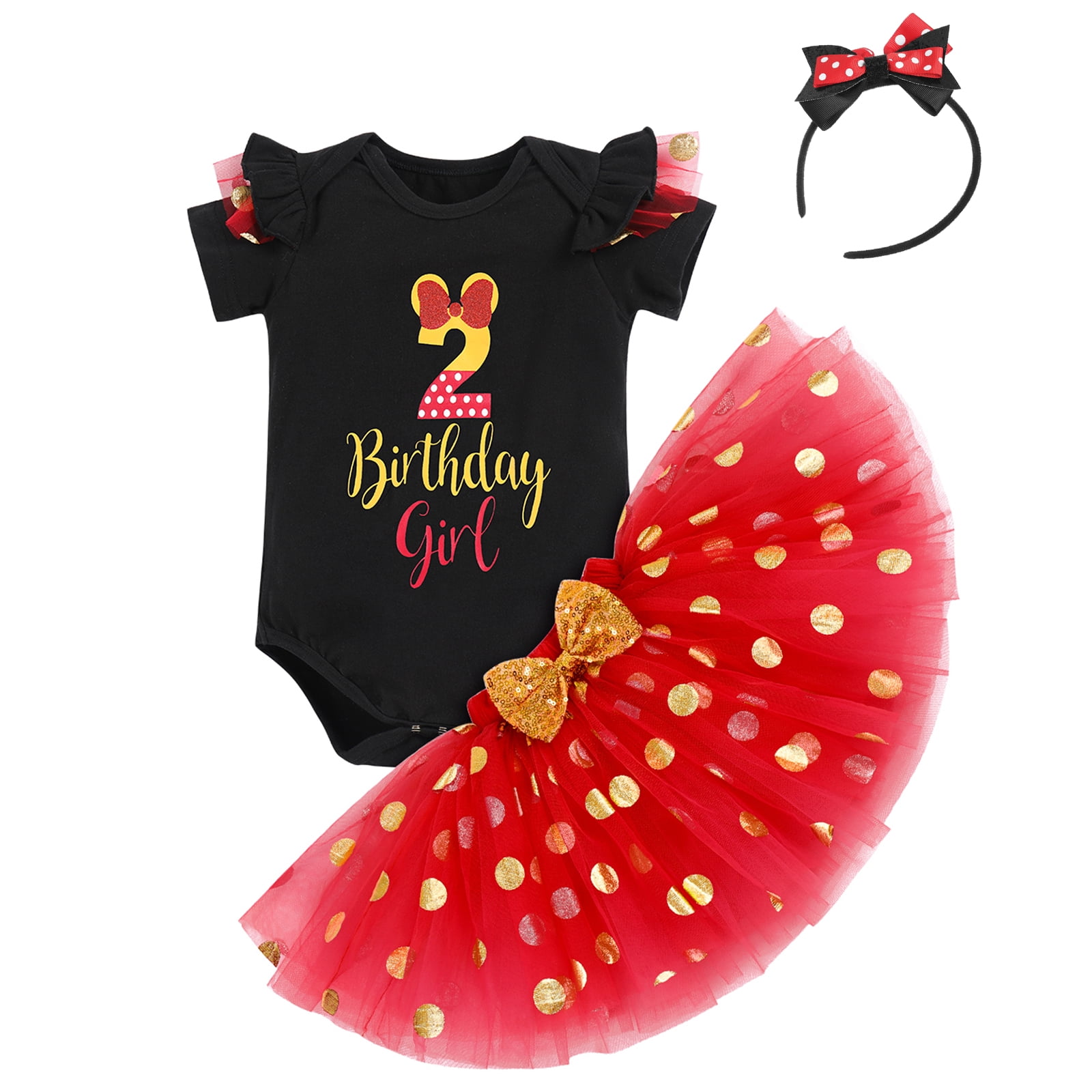 IBTOM CASTLE Toddler Girls 1st 2nd 3rd Birthday Outfit Princess Polka Dots Ruffle Tutu Skirt Mouse Headband Cake Smash Party Clothes Set 2 Years Black + Red