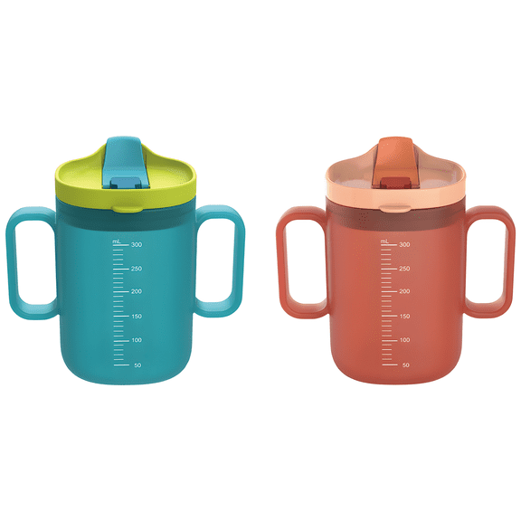 2 Pcs Little One Sippy Cups, 10 fl oz / 300 ml, 2 Handles Straw Cups with Duckbill Spout & Scale, PP Cup for Milk, Water, Sky Blue & Coral, Young One Sippy Cup