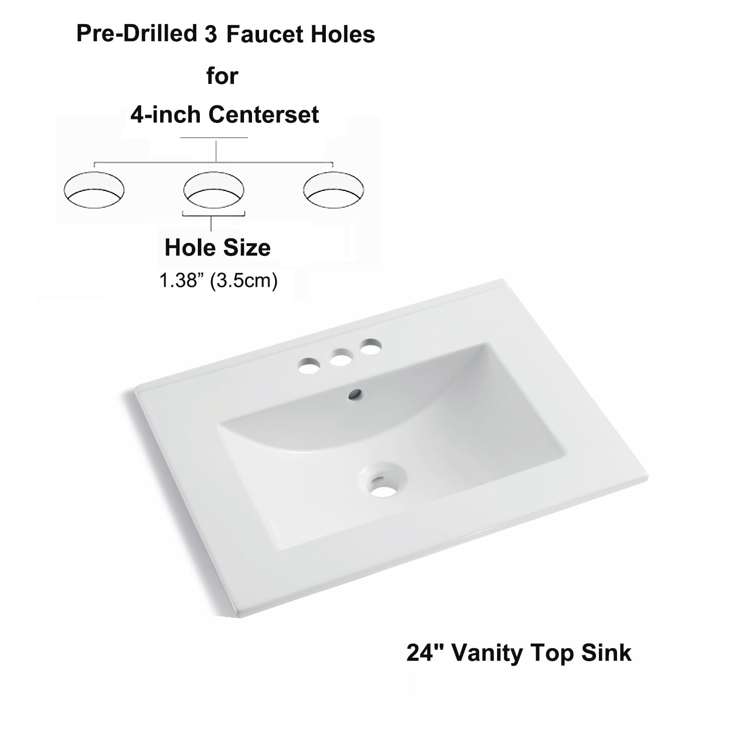 MEJE 24x18 inch Drop In Rectanglar 3 Holes Bathroom Sink, Vanity Top Only, White Glossy Finish