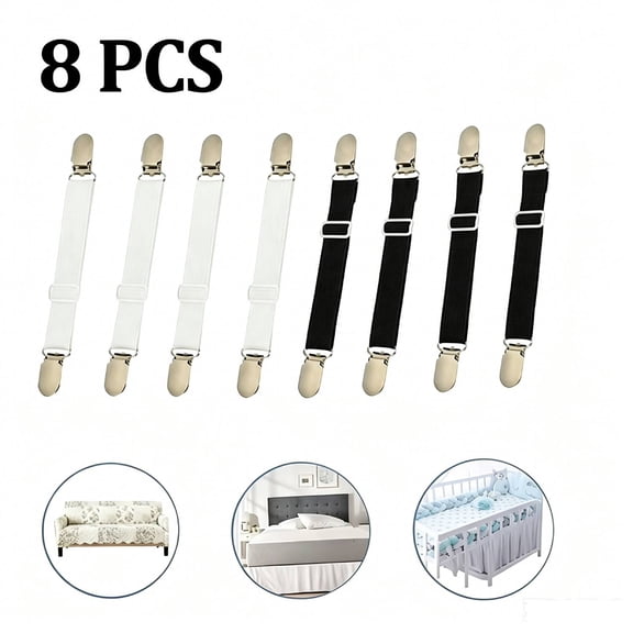 8 PCS Heavy Duty Bed Sheet Clips - Adjustable Elastic Grippers Non-Slip Mattress Holders for Bed Corners, Strong Suspender Fasteners to Keep Sheets in Place (Black White)